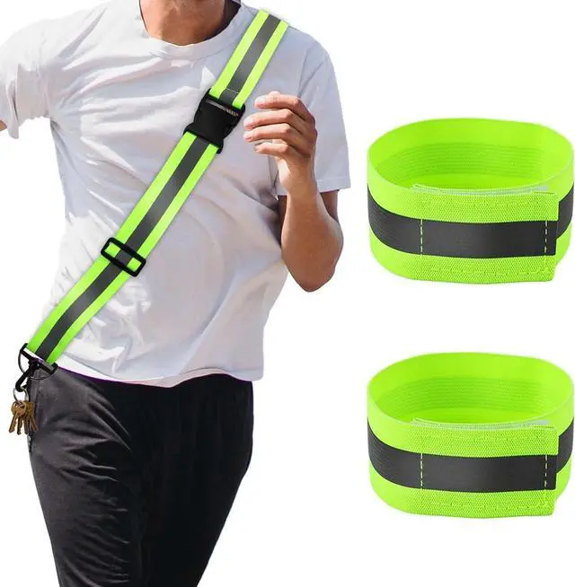 Alt view image 4 of 7 - WFJ 4PCS Reflective Vest Set Safety Clothing High Visibility Adjustable Elastic Outdoor Reflective Glow Belt and Vest with 2Pack Reflector Armbands Running Cycling Walking Jogging