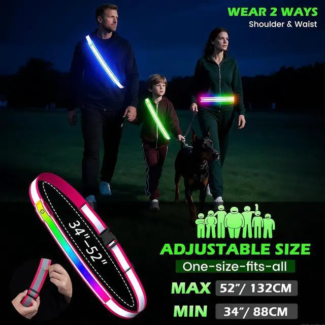 Alt view image 5 of 7 - Reflective Sash Gear for Walking at Night,Flashing LED Reflective Belt Safety Lights for Walkers Night Dog Walking Biking Running,High Visibility Rechargeable With Wear 2 Ways for Men Women