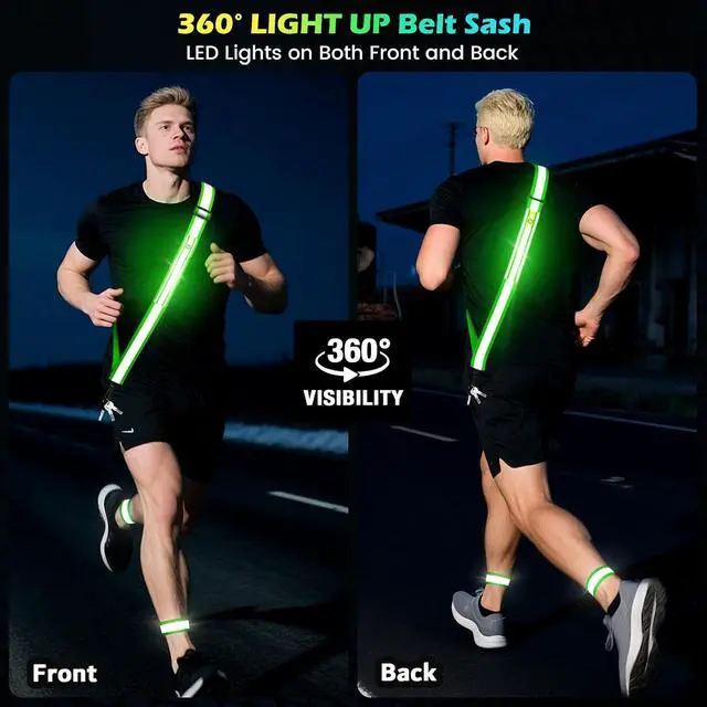 Alt view image 7 of 7 - Fokia Kunbio LED Reflective Running Gear High Visibility Reflective Belt Sash with Armband for Walking at Night,Adjustable Running Safety Gear Light Up Running Belt for Runners Walkers Men Women