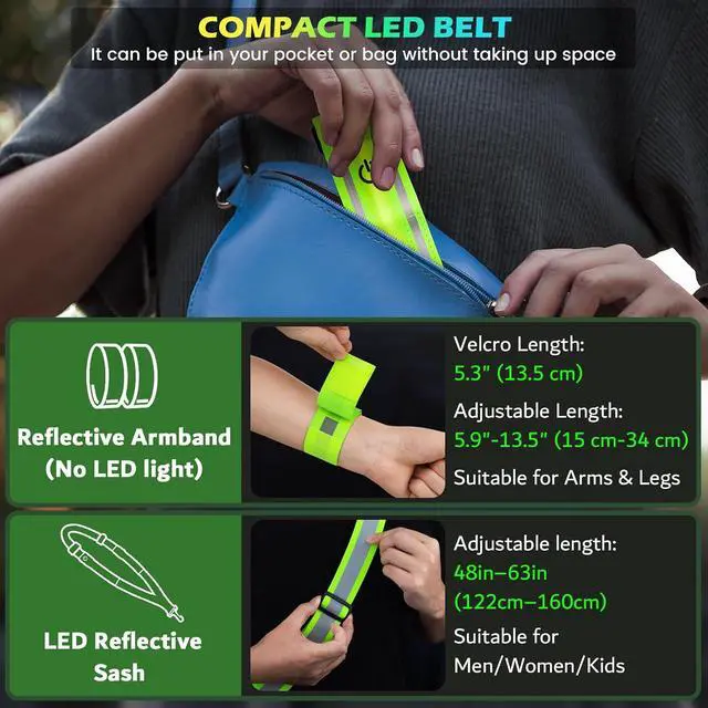 Alt view image 6 of 7 - Fokia Kunbio LED Reflective Running Gear High Visibility Reflective Belt Sash with Armband for Walking at Night,Adjustable Running Safety Gear Light Up Running Belt for Runners Walkers Men Women