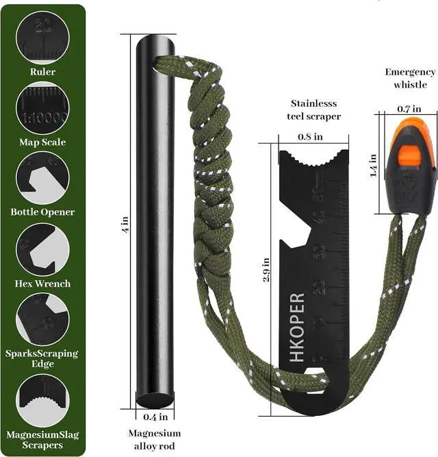 Alt view image 3 of 7 - Ferro Rod Fire Starter, 4" Flint and Steel Survival Kit | 5,500°F Hot Sparks, 6-in-1 Multi-Tool, Paracord & Emergency Whistle, Reliable in Any Weather for Camping & Bushcraft