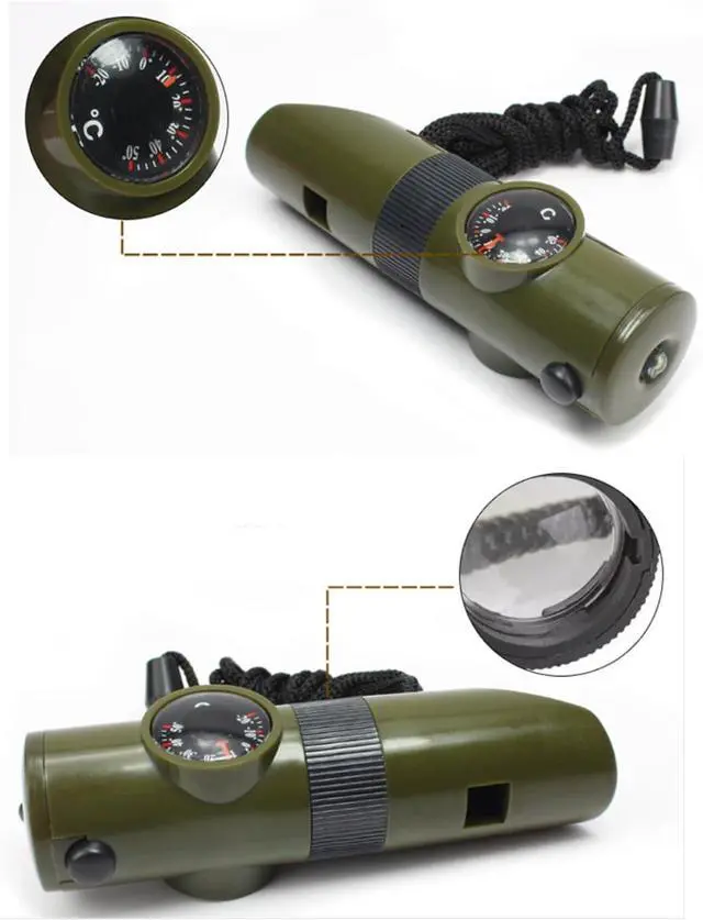 Alt view image 4 of 7 - TRENDBOX Multifunctional 7 in 1 Camping Hiking Outdoor Whistle with Compass Magnifier LED Flashlight Thermometer for Emergency Survival Traveling