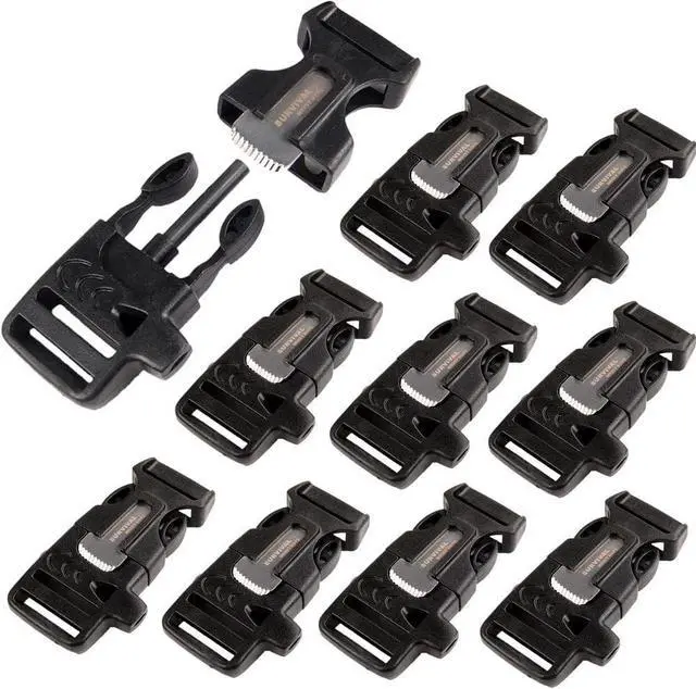 Main image of CooBigo 10Pack 3/4" (19mm) Fire Starter Survival Whistle Buckle Flint Scraper for Paracord Bracelet Key Lanyard Ourdoor Hiking Camping Backpack Bag Pets Collar DIY Travel Kits