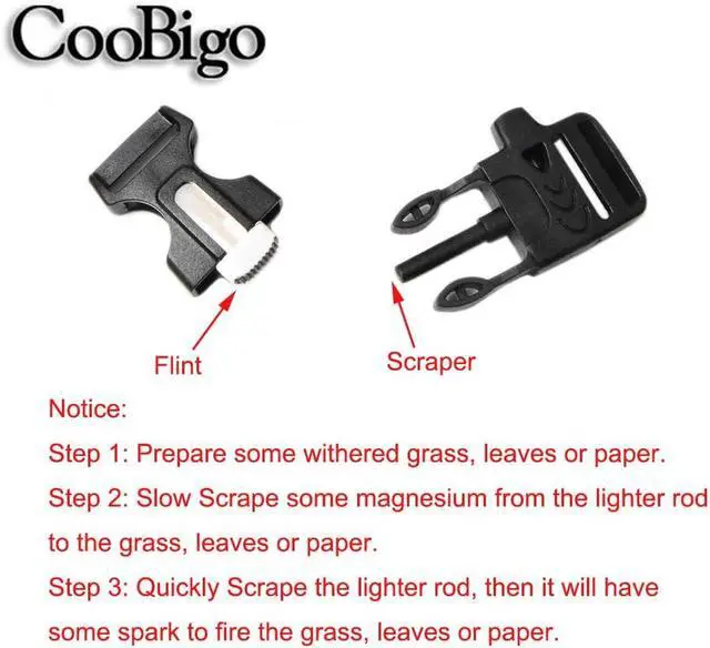 Alt view image 4 of 5 - CooBigo 10Pack 3/4" (19mm) Fire Starter Survival Whistle Buckle Flint Scraper for Paracord Bracelet Key Lanyard Ourdoor Hiking Camping Backpack Bag Pets Collar DIY Travel Kits