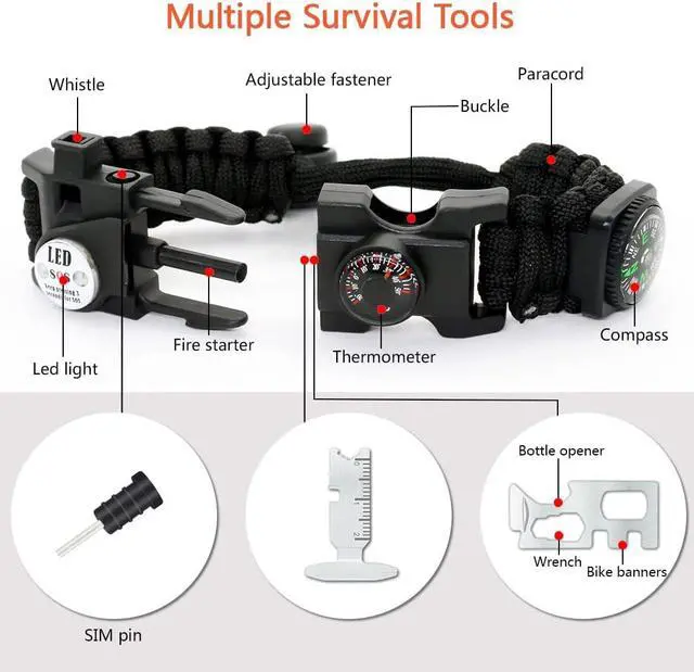 Alt view image 2 of 7 - 20 in 1 Survival Paracord Bracelet Adjustable Gear Kit with SOS LED Light, Fire Starter, Bigger Compass, Survival Whistle, Perfect for Camping, Hiking, Fishing