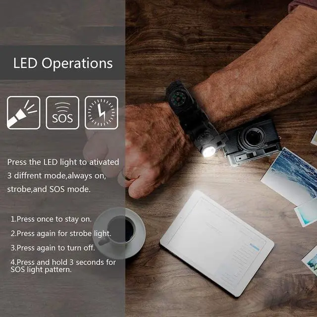 Alt view image 3 of 7 - 20 in 1 Survival Paracord Bracelet Adjustable Gear Kit with SOS LED Light, Fire Starter, Bigger Compass, Survival Whistle, Perfect for Camping, Hiking, Fishing