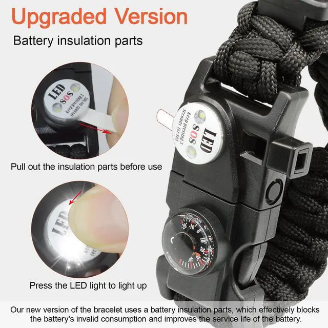 Alt view image 6 of 7 - 20 in 1 Survival Paracord Bracelet Adjustable Gear Kit with SOS LED Light, Fire Starter, Bigger Compass, Survival Whistle, Perfect for Camping, Hiking, Fishing