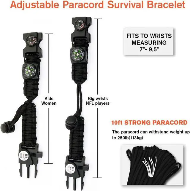 Alt view image 4 of 7 - 20 in 1 Survival Paracord Bracelet Adjustable Gear Kit with SOS LED Light, Fire Starter, Bigger Compass, Survival Whistle, Perfect for Camping, Hiking, Fishing