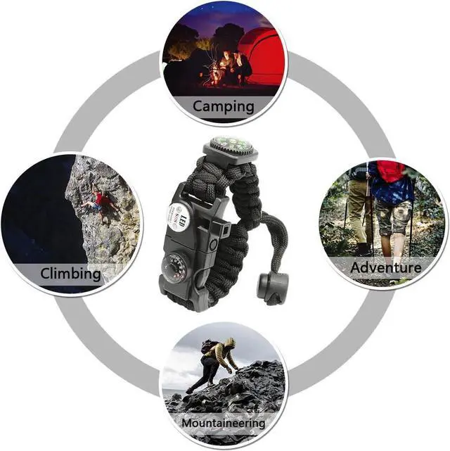 Alt view image 7 of 7 - 20 in 1 Survival Paracord Bracelet Adjustable Gear Kit with SOS LED Light, Fire Starter, Bigger Compass, Survival Whistle, Perfect for Camping, Hiking, Fishing