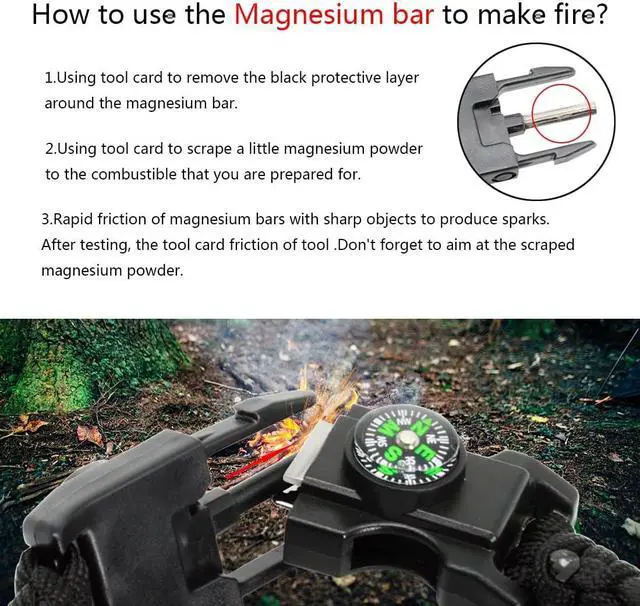 Alt view image 5 of 7 - 20 in 1 Survival Paracord Bracelet Adjustable Gear Kit with SOS LED Light, Fire Starter, Bigger Compass, Survival Whistle, Perfect for Camping, Hiking, Fishing