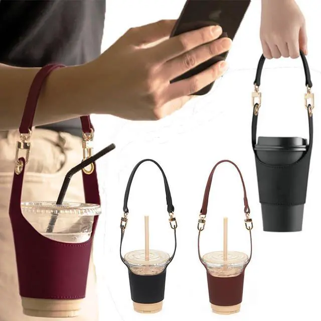 Main image of Coffee Cup Holder Tea Cup Protective Sleeve, Water Bottle Holder PU Leather Pouch, Outdoor Camping Shopping Travel cup Sling(Black)