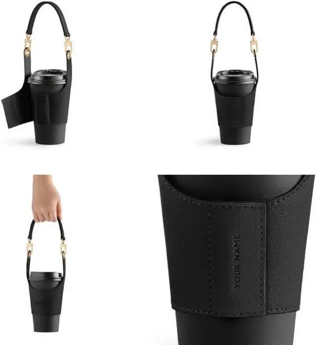 Alt view image 6 of 6 - Coffee Cup Holder Tea Cup Protective Sleeve, Water Bottle Holder PU Leather Pouch, Outdoor Camping Shopping Travel cup Sling(Black)
