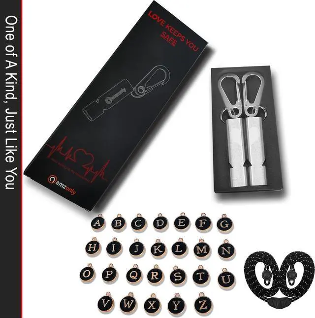 Alt view image 2 of 7 - Amzonly Heart-Engraved Aluminum Emergency Whistles for Her/Him, A Pair of Custom-Initialed Whistles with Keychains and Neck Lanyards, for Lifeguard, Coaching, Hiking, EDC Outdoor, Sports, Multi Color