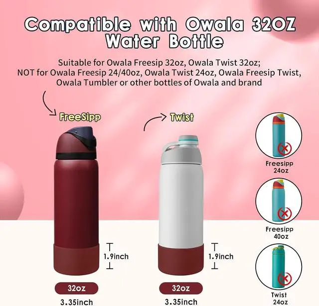Alt view image 2 of 7 - 2PCS Silicone Water Bottle Boot, Compatible with Owala 24oz 32oz 40oz, Protective Anti-Scratch & Anti-Dent No Noise Sleeve Cover for FreeSip/Twist/Flip Water Bottles (Burgundy Bay, 32oz)