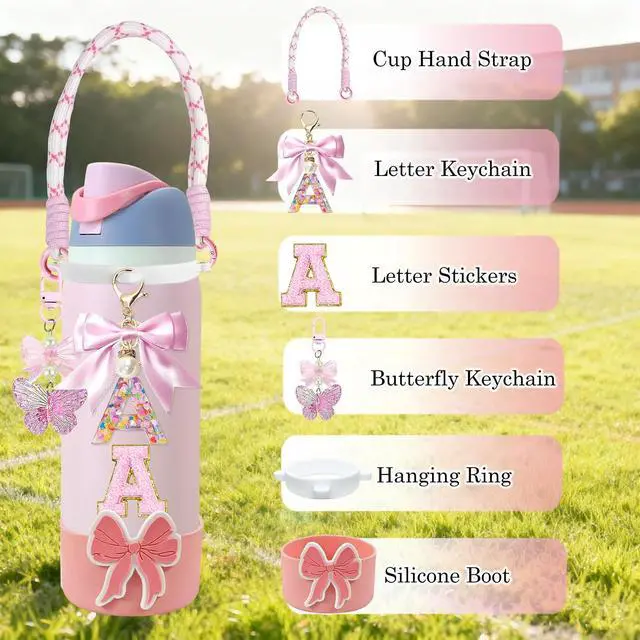 Alt view image 3 of 6 - Bow Silicone Boot Set for Owala Water Bottle 24/32/40oz, Strap | Bow silicone boot set with strap, keychains & charms for Owala FreeSip 24/32/40oz bottles, adds style and protection.