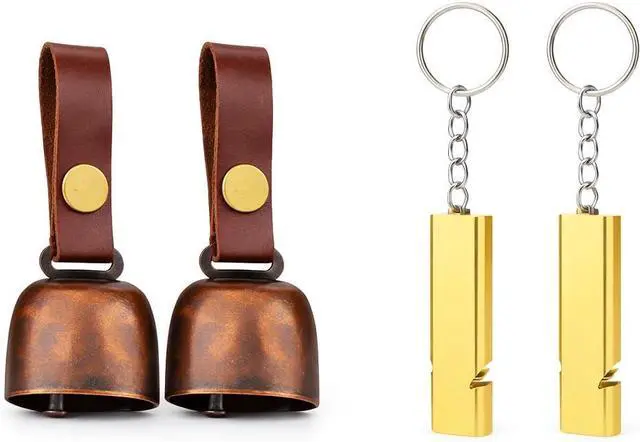 Main image of kcrygogo Loud Bear Bells with Leather Button Strap and Emergency Whistle for Survival, Hiking, Biking, Fishing, Climbing2sets