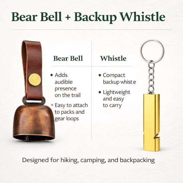 Alt view image 2 of 7 - kcrygogo Loud Bear Bells with Leather Button Strap and Emergency Whistle for Survival, Hiking, Biking, Fishing, Climbing2sets