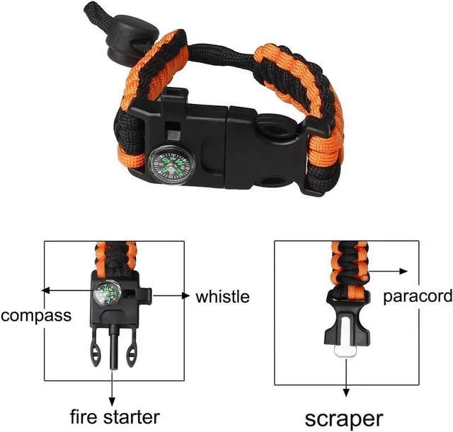 Alt view image 2 of 7 - ZHIYE Survival Paracord Bracelet Flint Fire Starter Scraper Compass Wilderness Survival Whistle Adjustable Wristband 2Pack Black&Armygreen