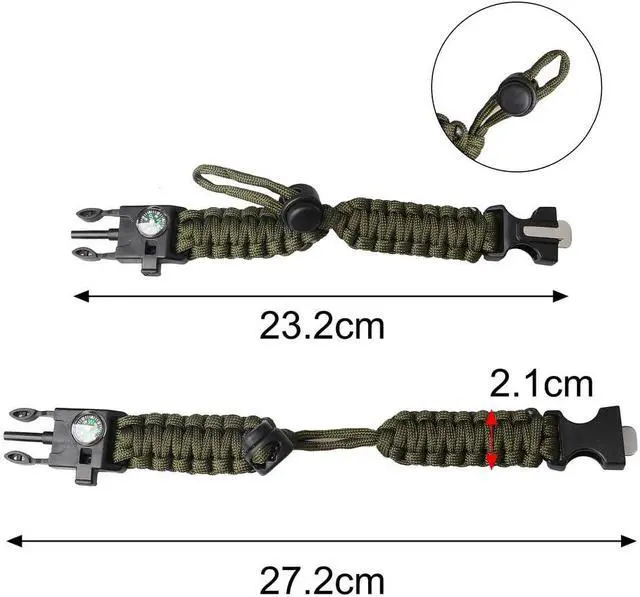 Alt view image 3 of 7 - ZHIYE Survival Paracord Bracelet Flint Fire Starter Scraper Compass Wilderness Survival Whistle Adjustable Wristband 2Pack Black&Armygreen