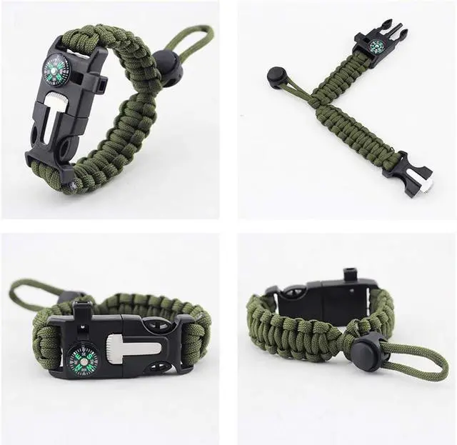 Alt view image 4 of 7 - ZHIYE Survival Paracord Bracelet Flint Fire Starter Scraper Compass Wilderness Survival Whistle Adjustable Wristband 2Pack Black&Armygreen