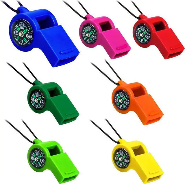 Main image of Lothee 7 Pcs Whistle Compass 2 in 1 Function Combo Emergency Survival Whistles with Compass Loud Safety Plastic with Lanyard for Outdoor Hiking Camping Boating Hunting Fishing