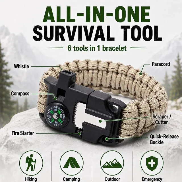 Alt view image 2 of 7 - Sports Whistle, 6-in-1 Survival Whistle with Compass & Fire Starter | ABS Plastic & Paracord, Compact Wristband, 6-in-1 Loud Whistle Compass Fire Starter, Outdoor Camping Sports