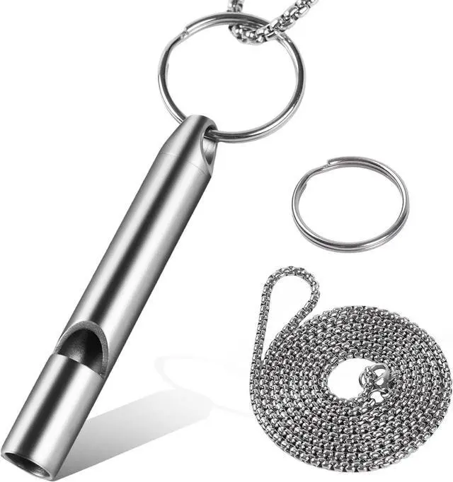 Main image of Titanium Emergency Whistle, Gray, 2 Inches Length, 120db Loud Safety Whistle with Necklace Chain, for Survival, Hiking, Camping, Pet Training