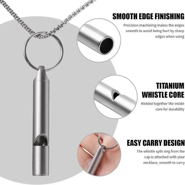 Alt view image 6 of 7 - Titanium Emergency Whistle, Gray, 2 Inches Length, 120db Loud Safety Whistle with Necklace Chain, for Survival, Hiking, Camping, Pet Training