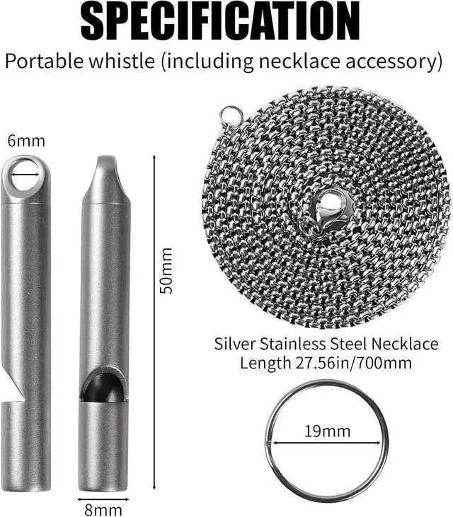 Alt view image 5 of 7 - Titanium Emergency Whistle, Gray, 2 Inches Length, 120db Loud Safety Whistle with Necklace Chain, for Survival, Hiking, Camping, Pet Training