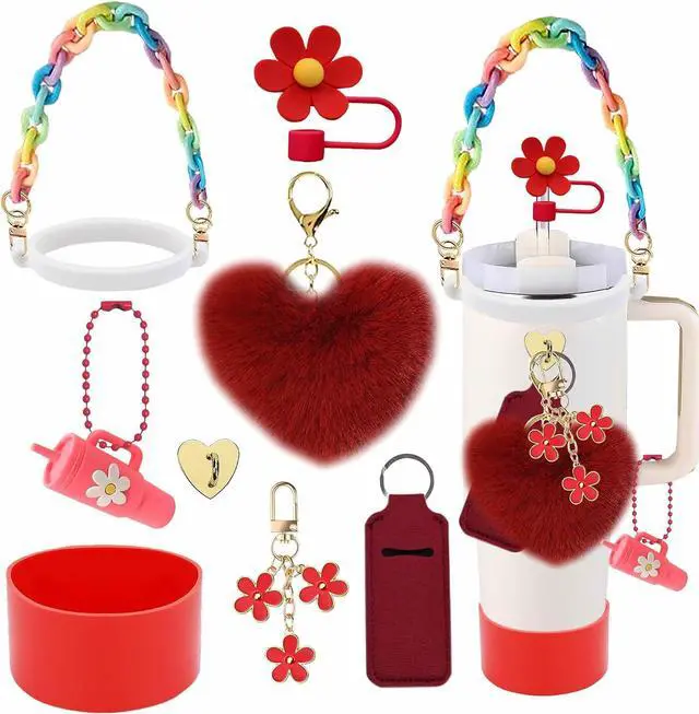 Main image of Accessories Set for Stanley Cup, Handle Strap, Boot, Charms(red) | 9PCS tumbler accessories set with silicone boot, straw topper, handle strap, charms and lip balm holder for 20/30/40 oz cups