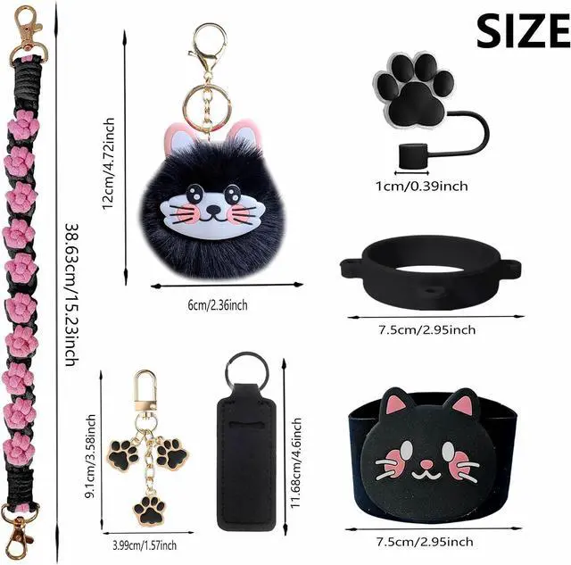 Alt view image 5 of 5 - Cat Accessories for Stanley Cup 30/40oz, Paw Straw Topper Set | 8PCS cat tumbler accessories set with paw straw topper, silicone boot, handle strap and cup charms for Stanley Cup 30/40oz