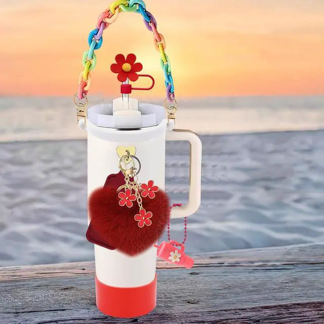 Alt view image 4 of 5 - Accessories Set for Stanley Cup, Handle Strap, Boot, Charms(red) | 9PCS tumbler accessories set with silicone boot, straw topper, handle strap, charms and lip balm holder for 20/30/40 oz cups