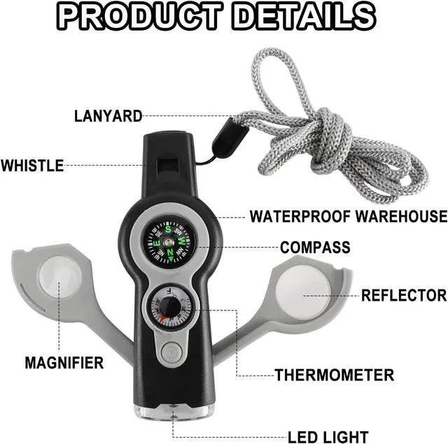 Alt view image 2 of 6 - Seven-in-one Small Convenient and Multi-Functional Survival Emergency Whistle LED Outdoor Compass Hiking Electronic Whistle for Coaches
