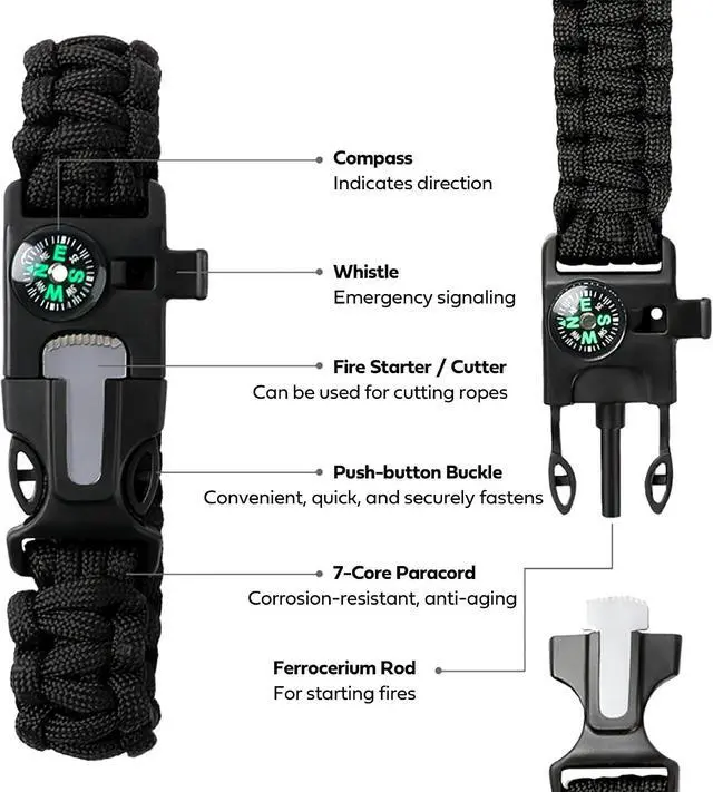 Alt view image 4 of 7 - Survival Bracelet,Practical Five Functions, Fire Starter, Loud Whistle, Reliable Compass, Rope Cutter, Reliable Paracord