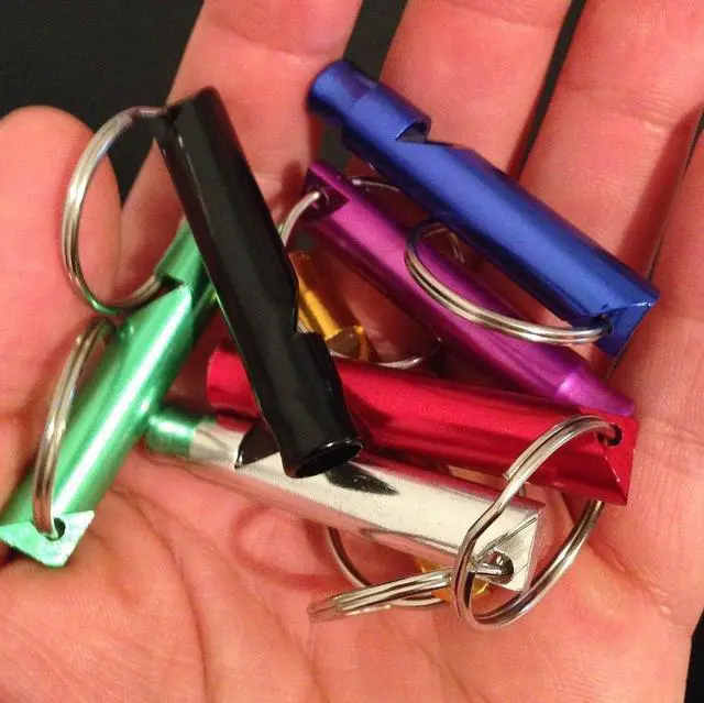 Alt view image 3 of 7 - A Set of 5 Extra Loud Whistles for Camping Hiking Hunting Outdoors Sports and Emergency Situations, Sturdy but Light Aluminium Key Chain Signals
