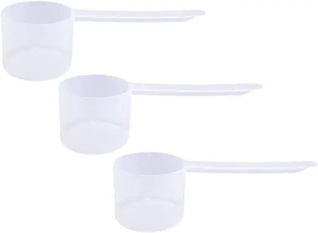 Main image of Plastic Measuring Scoop, 4 Tablespoon (60 cc | 1/4 Cup | 2 oz. | 60 mL) Long Handle Spoons for Powders, Granules, Coffee, Pet Food, Baking Supplies, Protein and Other Dry Goods, BPA Free (Set of 3)