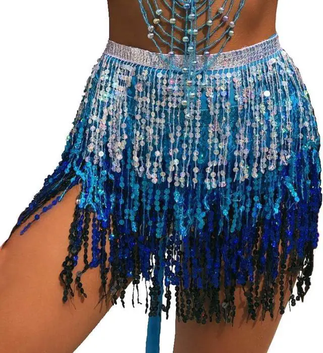 Main image of Women's Sequin Tassel Skirts Rave Fringe Hip Scarf for Festival
