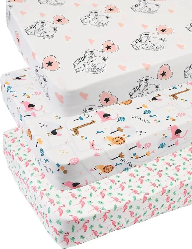 Main image of Flamingo Elephant & Lion, Ultra Soft Jersey Material, Playard Sheets Convertible Playard Mattress Cover, Pack n Play Sheet Stretchy Fitted Portable Mini Crib Sheets Set 3 Pack
