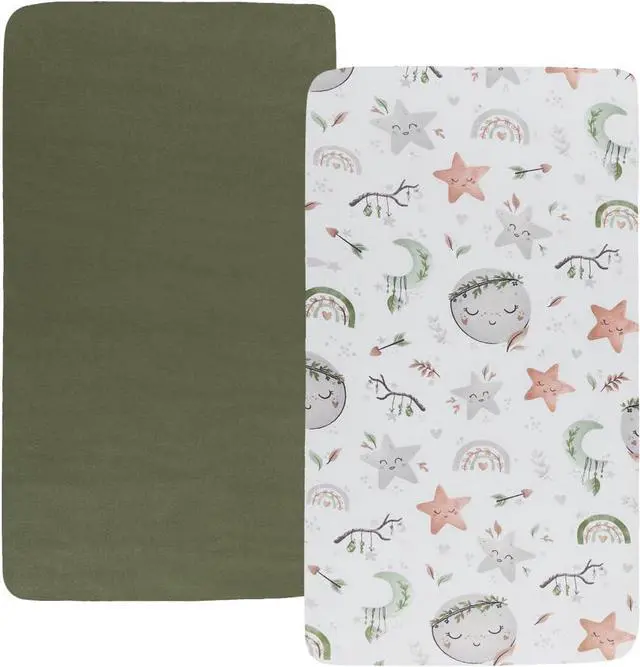 Main image of Light Green & Moon, Ultra Soft Jersey Material, Stretchy Fitted Crib Sheets Set 2 Pack Portable Crib Mattress Topper for Baby Girl Boy