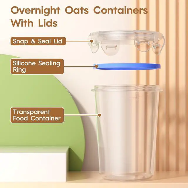 Alt view image 4 of 7 - 4 Pack Overnight Oats Containers with Lids, Oatmeal Container, 16oz Leak Proof Oats Jars, BPA Free, Reusable, Portable Plastic Food Storage Container for Oatmeal, Yogurt, Soup, Cereal, Milk and More