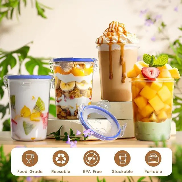 Alt view image 7 of 7 - 4 Pack Overnight Oats Containers with Lids, Oatmeal Container, 16oz Leak Proof Oats Jars, BPA Free, Reusable, Portable Plastic Food Storage Container for Oatmeal, Yogurt, Soup, Cereal, Milk and More