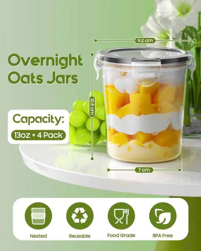 Alt view image 4 of 7 - Overnight Oats Containers with Lids, 4 Pack 13oz Overnight Oats Jars, Plastic Mason Jars, BPA Free, Portable, Leak Proof Oatmeal Containers for Yogurt, Soup, Cereal, Milk and Salad