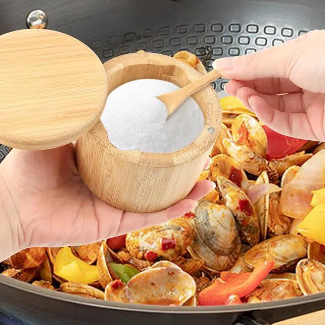Alt view image 3 of 7 - Bamboo Salt Cellar with Built-in Spoon, Salt Container Sal-t Box Bowl with Magnetic Swivel Lid, Kitchen Spice Holder Saver Jar for Sal-t Pepper Seasonings(SIZE:6oz)