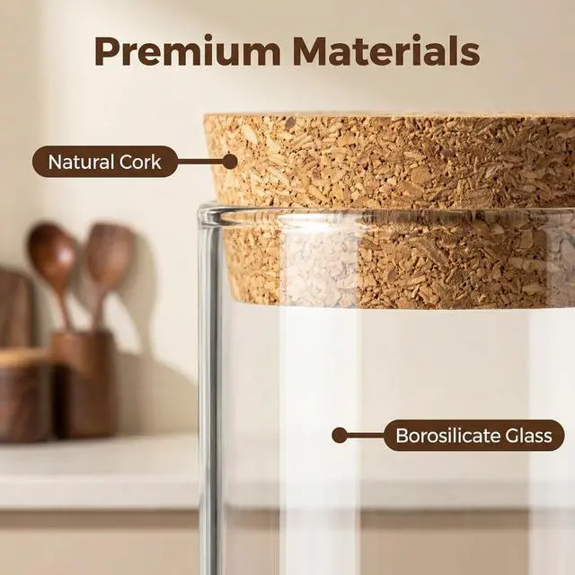 Alt view image 3 of 6 - 2 Pack 8.3 oz Airtight Glass Jars with Cork Lids, Kitchen Storage Containers for Tea, Coffee & Dry Goods Organization