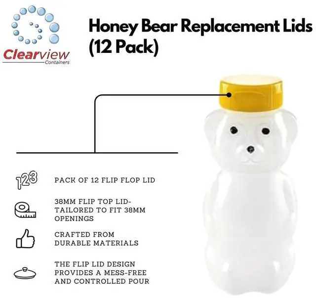 Alt view image 6 of 7 - 12 Pack of Black Honey Bear Replacement Lids with Sealable Flip Top Lid (38mm Black Flip Top Lid - 12 Pack)