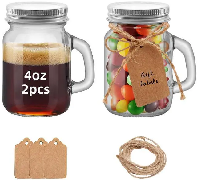 Main image of 2Pcs 4 OZ Mini Mason Jar Mugs Mason Jar Mugs with Handles and Lids Small Drinking Glass and DIY Favor Wedding Bridal Shower Party Supplies for Drinks, Gifts, Candles and Crafts 120ML (2)