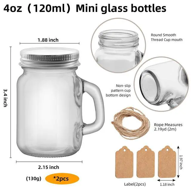 Alt view image 2 of 6 - 2Pcs 4 OZ Mini Mason Jar Mugs Mason Jar Mugs with Handles and Lids Small Drinking Glass and DIY Favor Wedding Bridal Shower Party Supplies for Drinks, Gifts, Candles and Crafts 120ML (2)