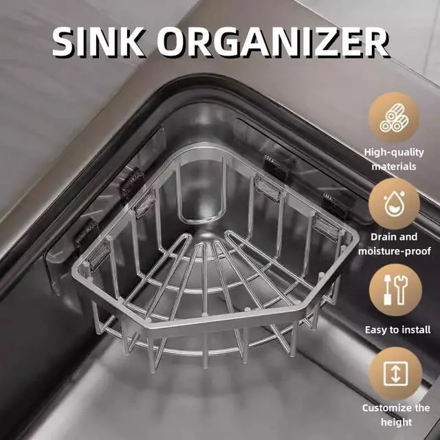 Alt view image 3 of 7 - Kitchen Sponge Holder with 2 Adhesive Hooks, Triangular Drain Rack, 5.27x5.27x3.54 Inch (Silver)