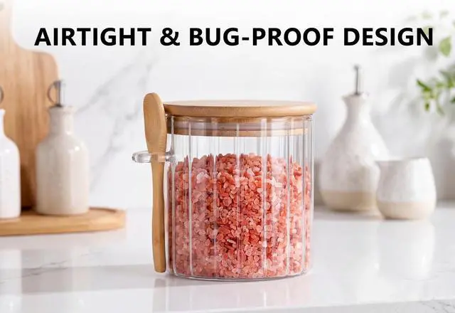 Alt view image 6 of 7 - 21oz Glass Jar, Salt Cellar with Bamboo Lid Spoon, Airtight Salt Container Holder for Countertop