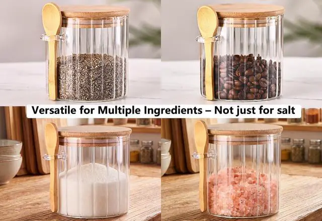 Alt view image 4 of 7 - 21oz Glass Jar, Salt Cellar with Bamboo Lid Spoon, Airtight Salt Container Holder for Countertop